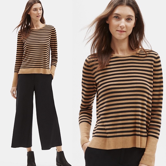 Eileen Fisher Sweaters - Eileen Fisher Tan Black Stripe Silk Blend Pullover Sweater Top Size M